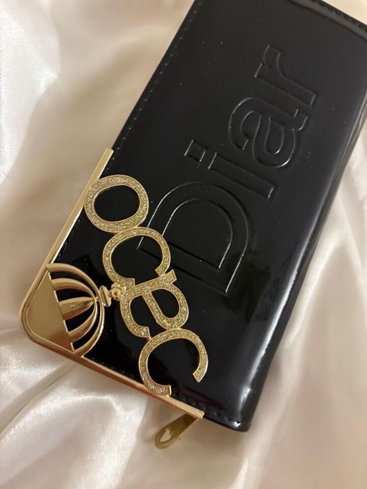 Kadın Siyah Gold Detaylı Şık Çanta Cüzdan – Fermuarlı Kartlıklı Model